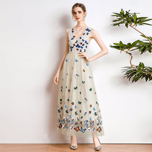 Lace Mesh Embroidered V-Neck Waist Dress