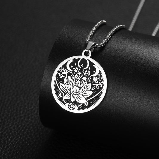 Stainless Steel Flower Moon Pattern Titanium Steel Pendant Necklace