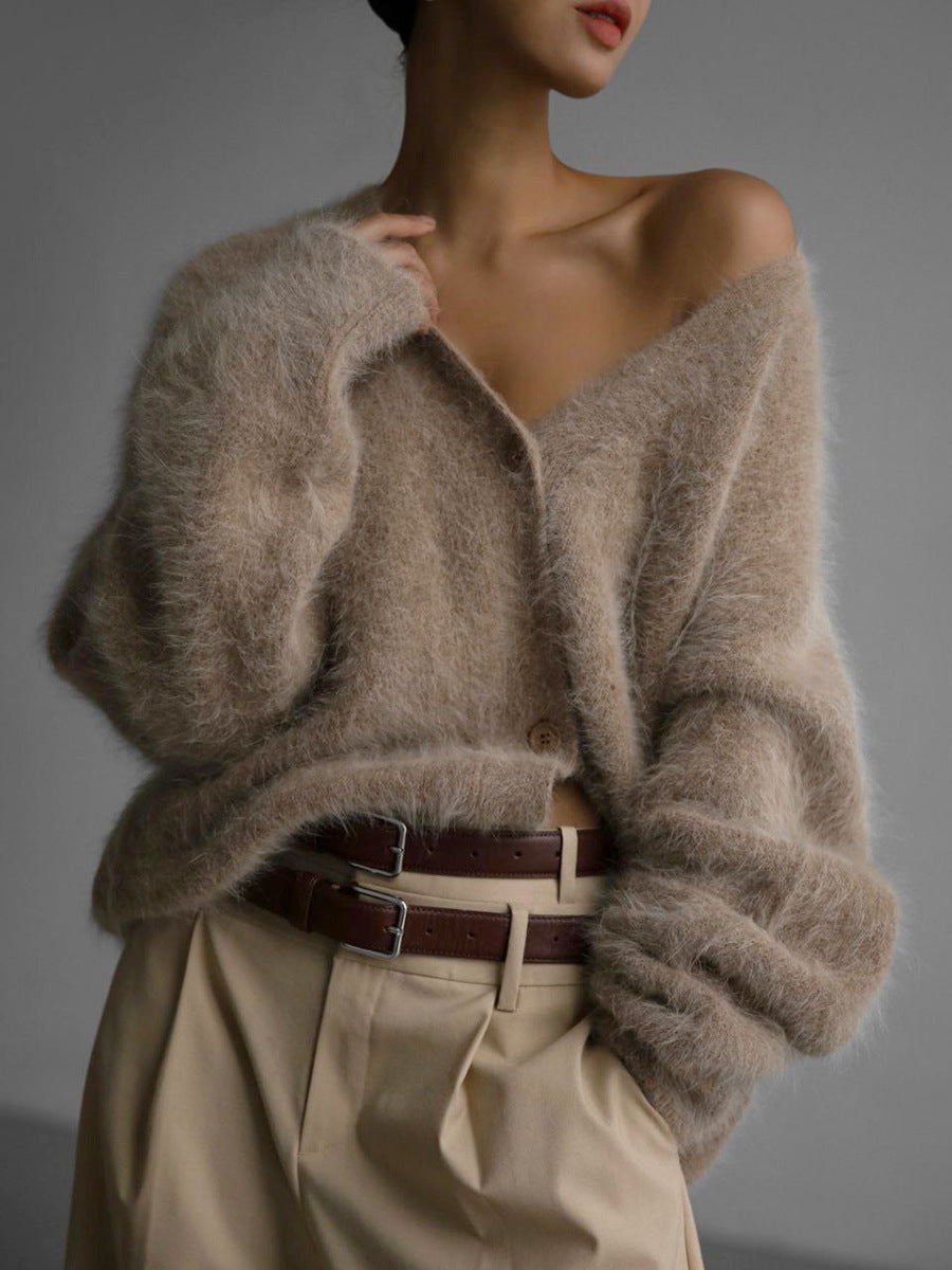 Loose V-neck Button Cardigan Fall Winter Fashion Single Breasted Knitted Sweater Top