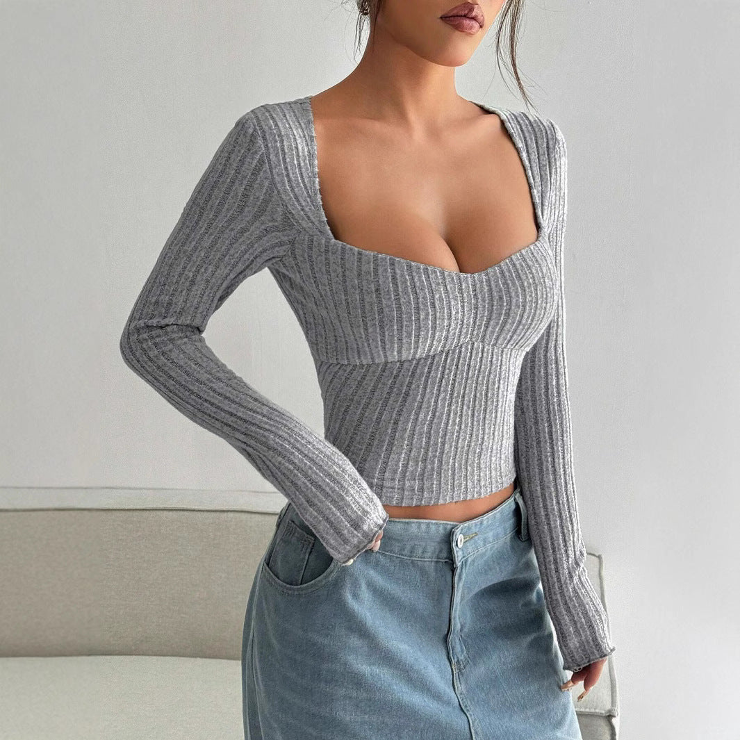 Sunken Stripe Brushed T-shirt Short Midriff-baring Top