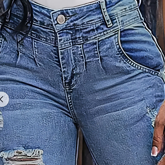 Close-up of blue jeans with a button and zipper detail.
