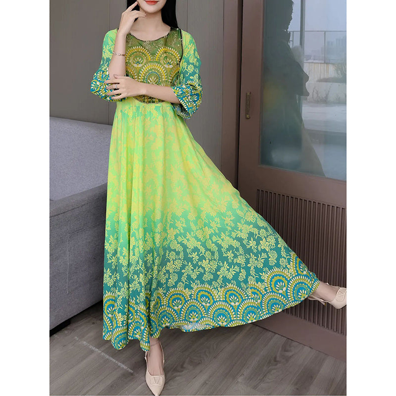 Women's Vibrant Bohemian Embroidered Maxi Dress Retro Ethnic A-Line Swing Dress With Belt