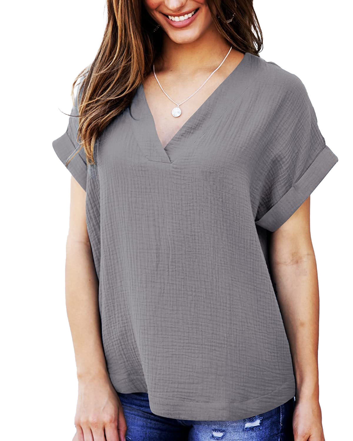 Short Sleeve V Neck Loose Shirt Solid Color Casual Top Women