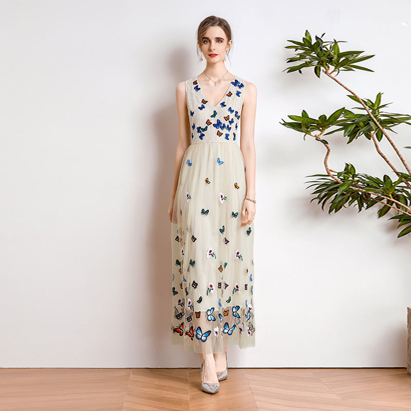 Lace Mesh Embroidered V-Neck Waist Dress