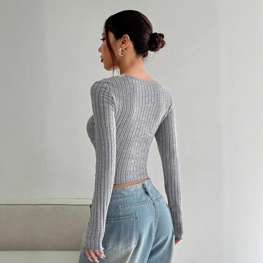 Sunken Stripe Brushed T-shirt Short Midriff-baring Top