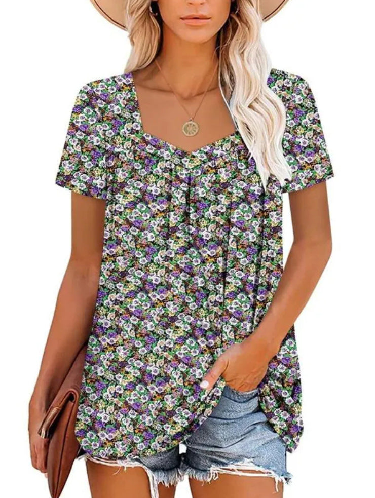 Square Collar Short Sleeve Printed Loose T-shirt