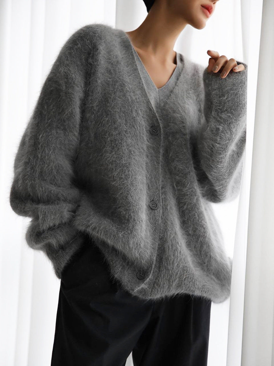 Loose V-neck Button Cardigan Fall Winter Fashion Single Breasted Knitted Sweater Top