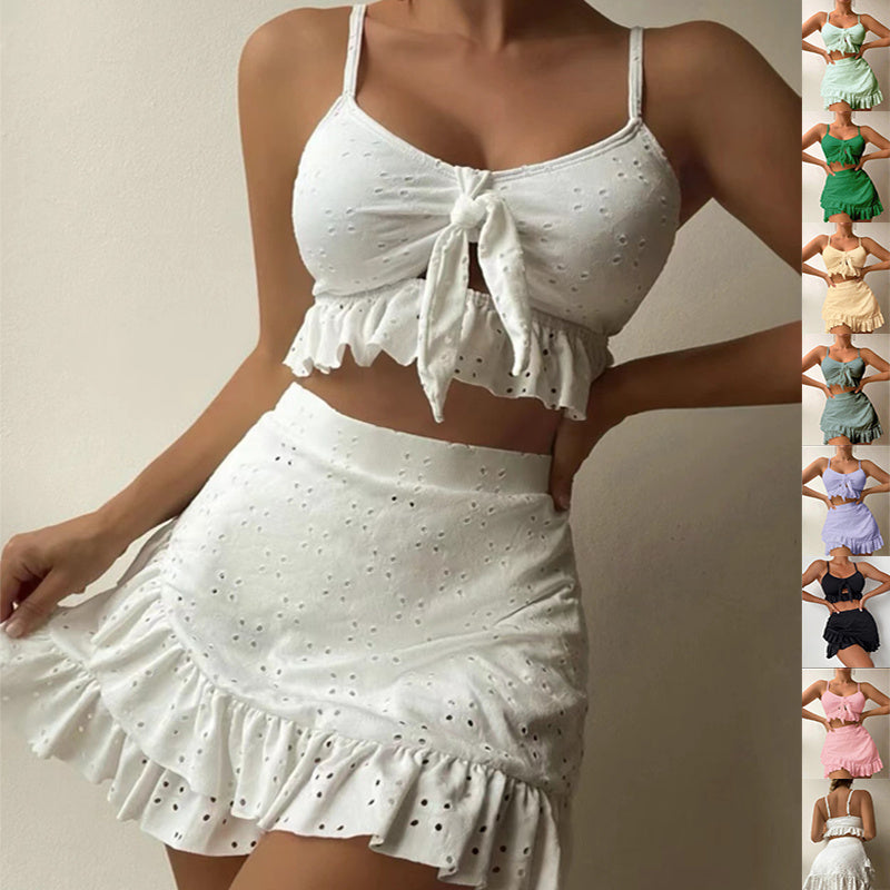 3pcs Beach Bikini With Hip-hugging Skirt Ruffle Design Swimsuit Set