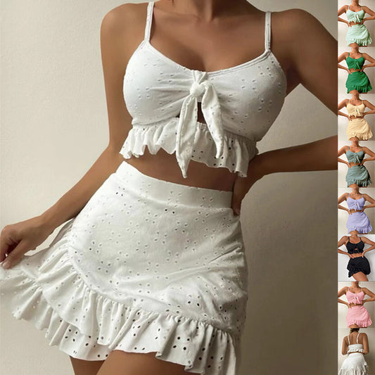 3pcs Beach Bikini With Hip-hugging Skirt Ruffle Design Swimsuit Set