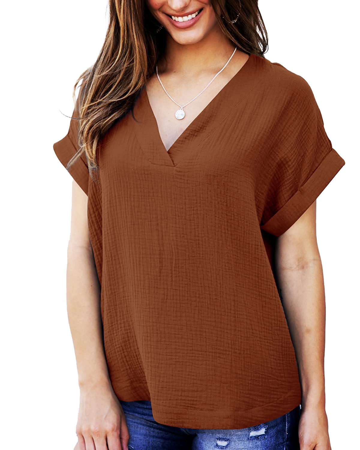 Short Sleeve V Neck Loose Shirt Solid Color Casual Top Women