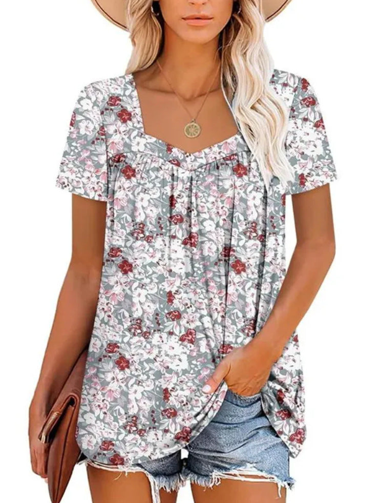 Square Collar Short Sleeve Printed Loose T-shirt