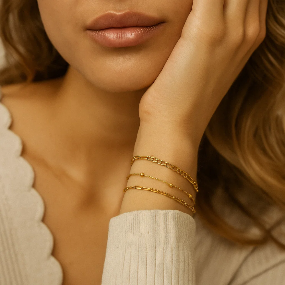 Adriana 3-Piece Stackable Bracelet Trio Set, Beaded, Figaro, Paperclip Link