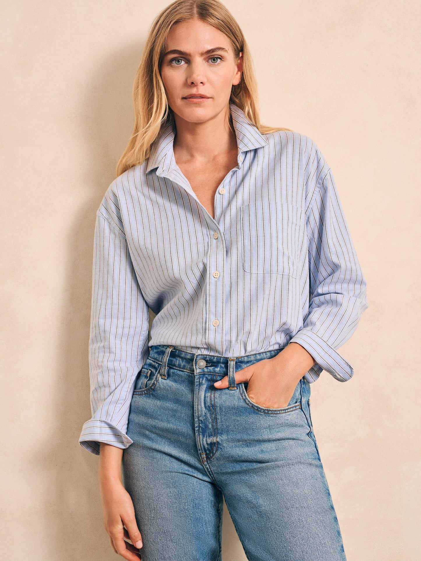 Stretch Oxford Relaxed Shirt - Cantra Stripe