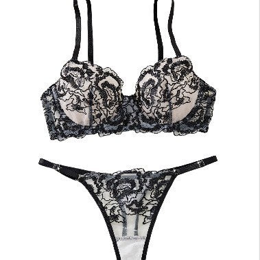 Black lace bra and thong set on a white background