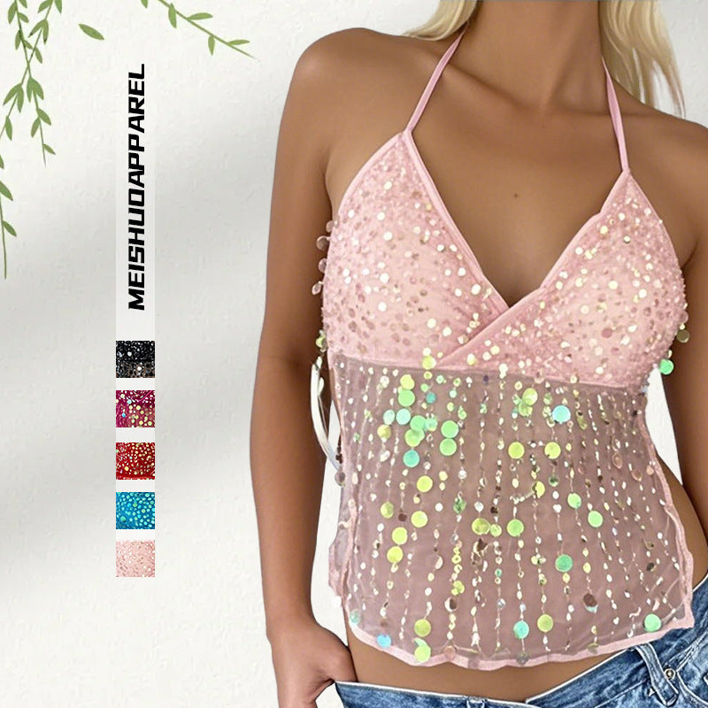 Women's Dopamine Sequined Suspender Deep V Strap Top
