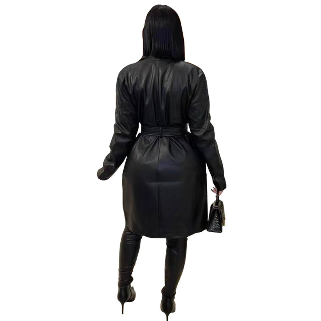 Long Leather Coat with Lapel