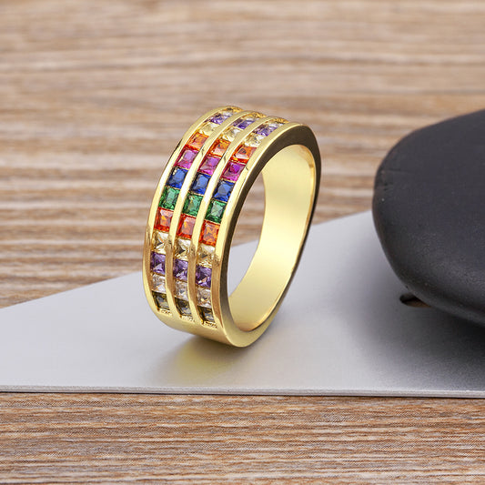 Wide Diamond Three-layer Color Zircon Ring