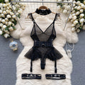 ssTss Ins trendy Girl Sexy Mesh Bottom Strap V-neck one-piece Top bodysuit women's Slimming Waist Ruffle Hemp Vest Jumpsuit