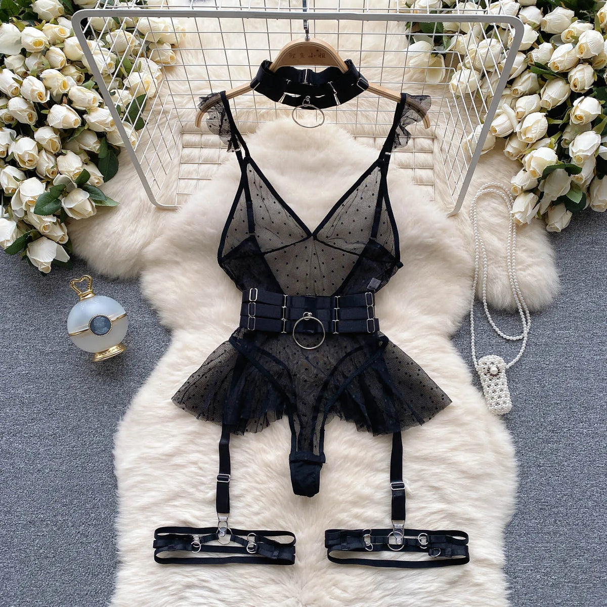 ssTss Ins trendy Girl Sexy Mesh Bottom Strap V-neck one-piece Top bodysuit women's Slimming Waist Ruffle Hemp Vest Jumpsuit