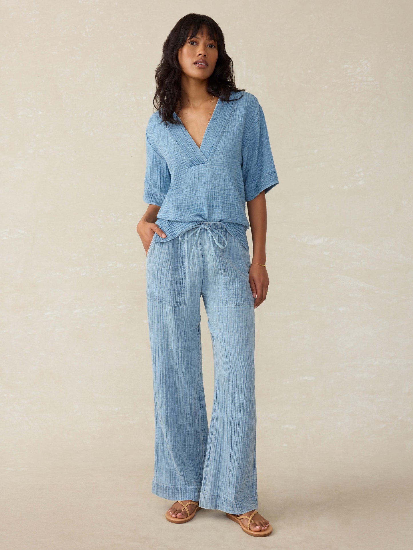 Dune Cotton Gauze Drawstring Pant - Light Indigo Wash