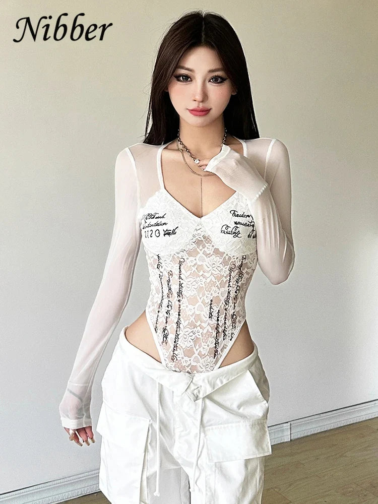 Nibber Lace up Woman Letter Print Bodysuits U Collar Hollow Out Long Sleeves Skinny Mesh Look Slimmer Korean Hottie Outfits