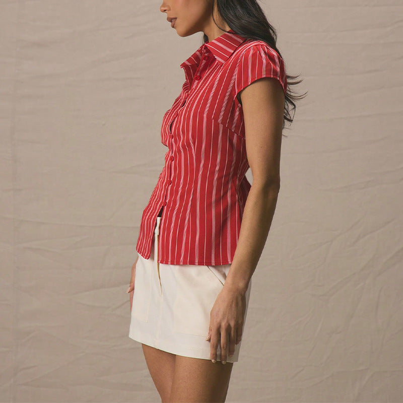 Elegant Slimming Shirt Striped Short-sleeved Cardigan For Women