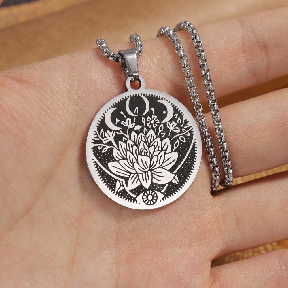 Stainless Steel Flower Moon Pattern Titanium Steel Pendant Necklace