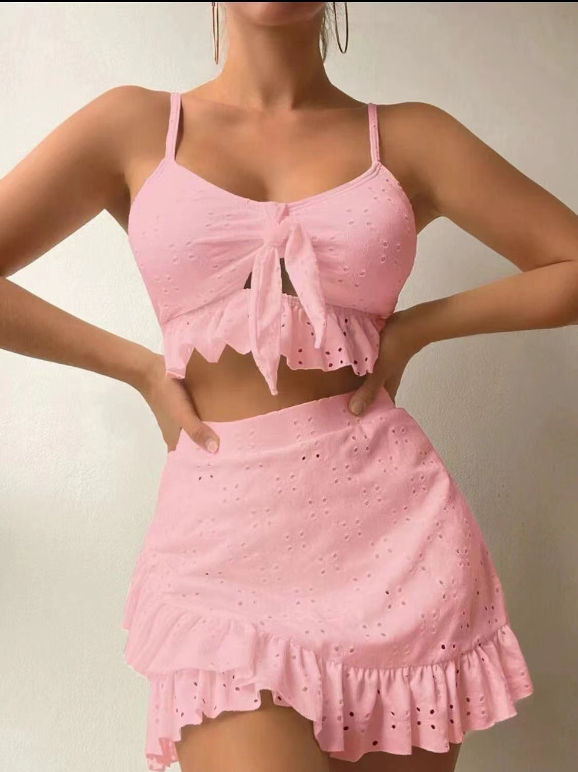3pcs Beach Bikini With Hip-hugging Skirt Ruffle Design Swimsuit Set