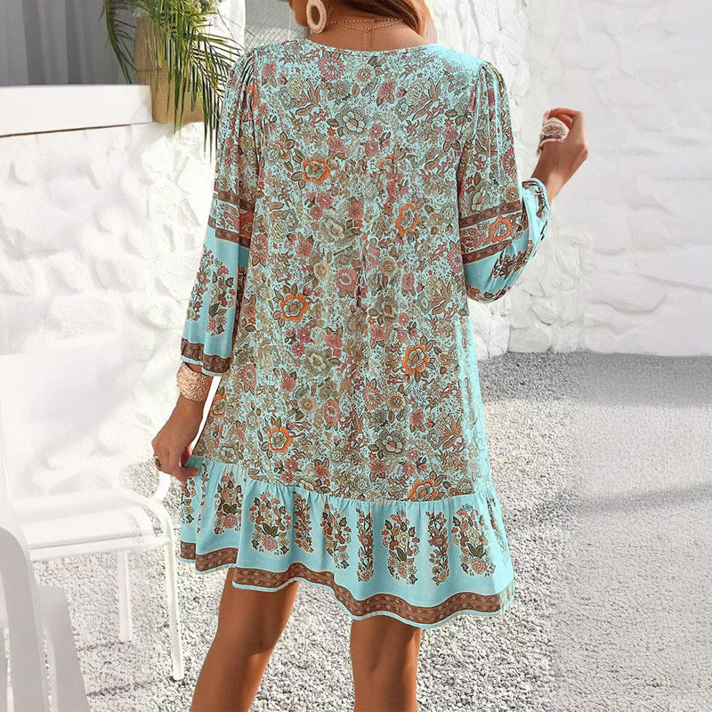 Women's Elegant V-Neck Fringe Bow Floral Print Dress Long Sleeve Comfortable Spring & Summer Dress