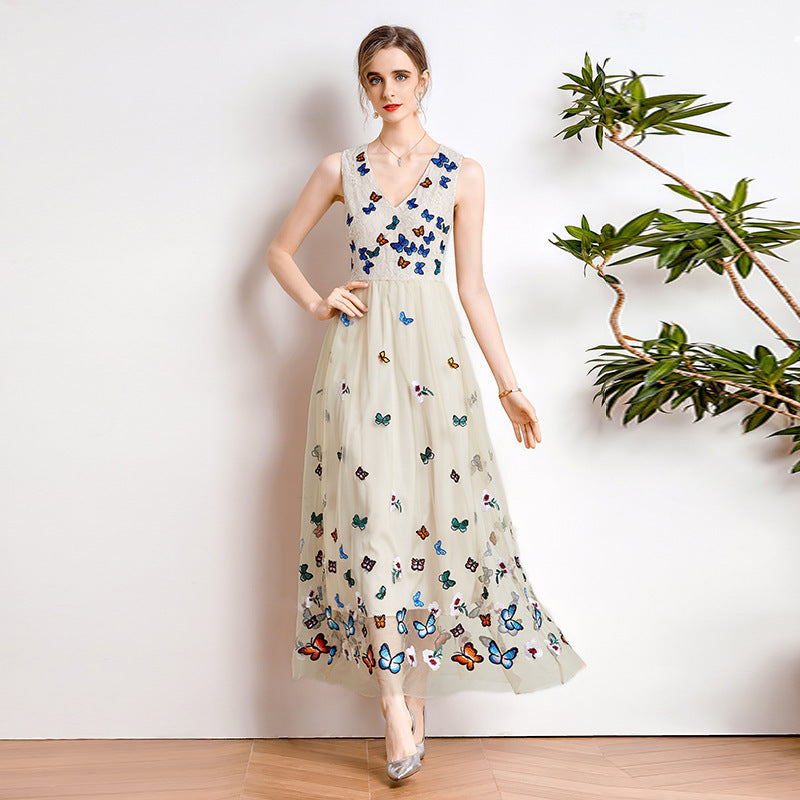Lace Mesh Embroidered V-Neck Waist Dress