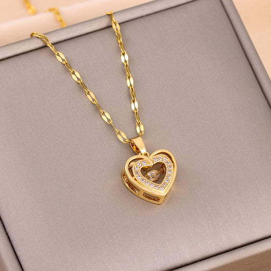 Double-Layer Love Necklace with Rhinestones – Titanium Steel Pendant