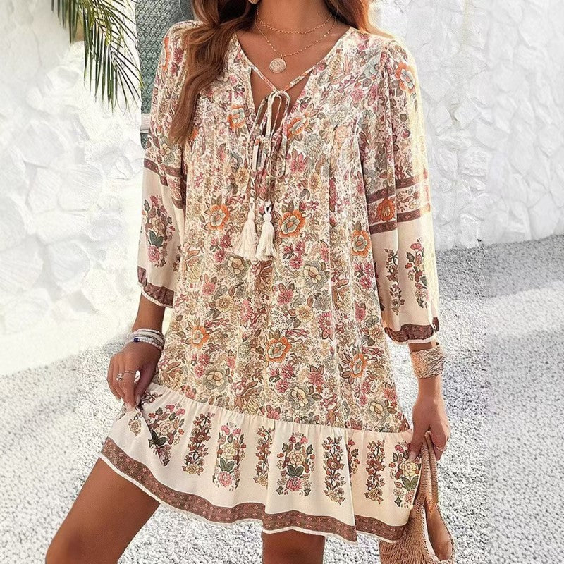 Women's Elegant V-Neck Fringe Bow Floral Print Dress Long Sleeve Comfortable Spring & Summer Dress
