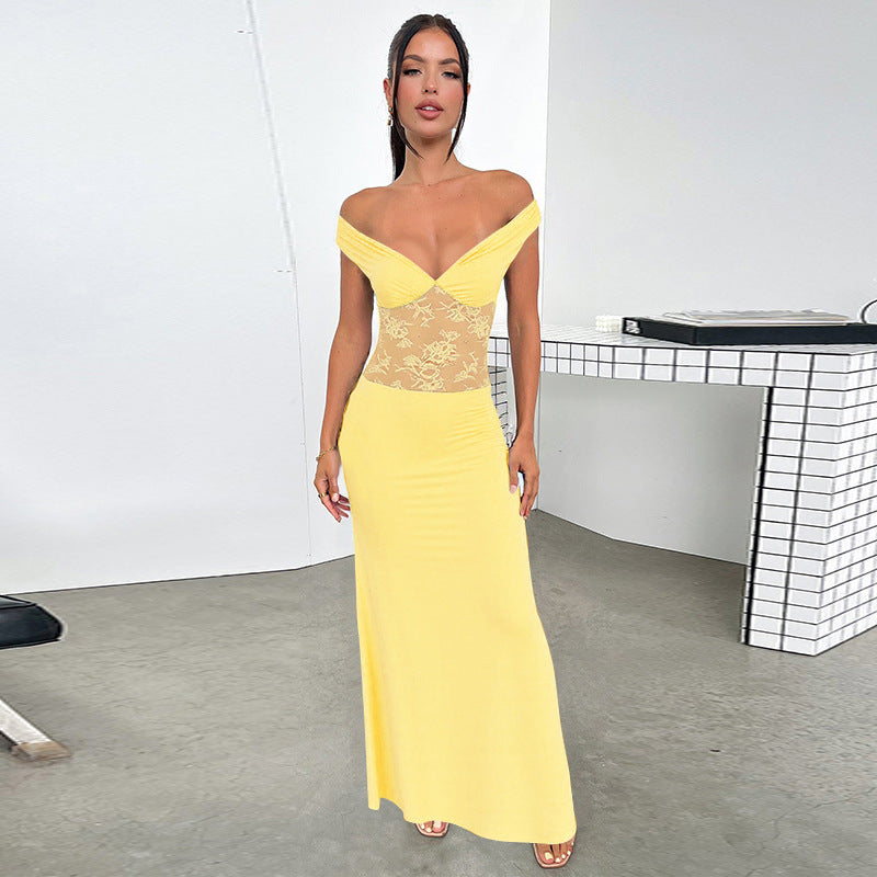 Solid Color Strapless Lace Stitching Sexy Dress