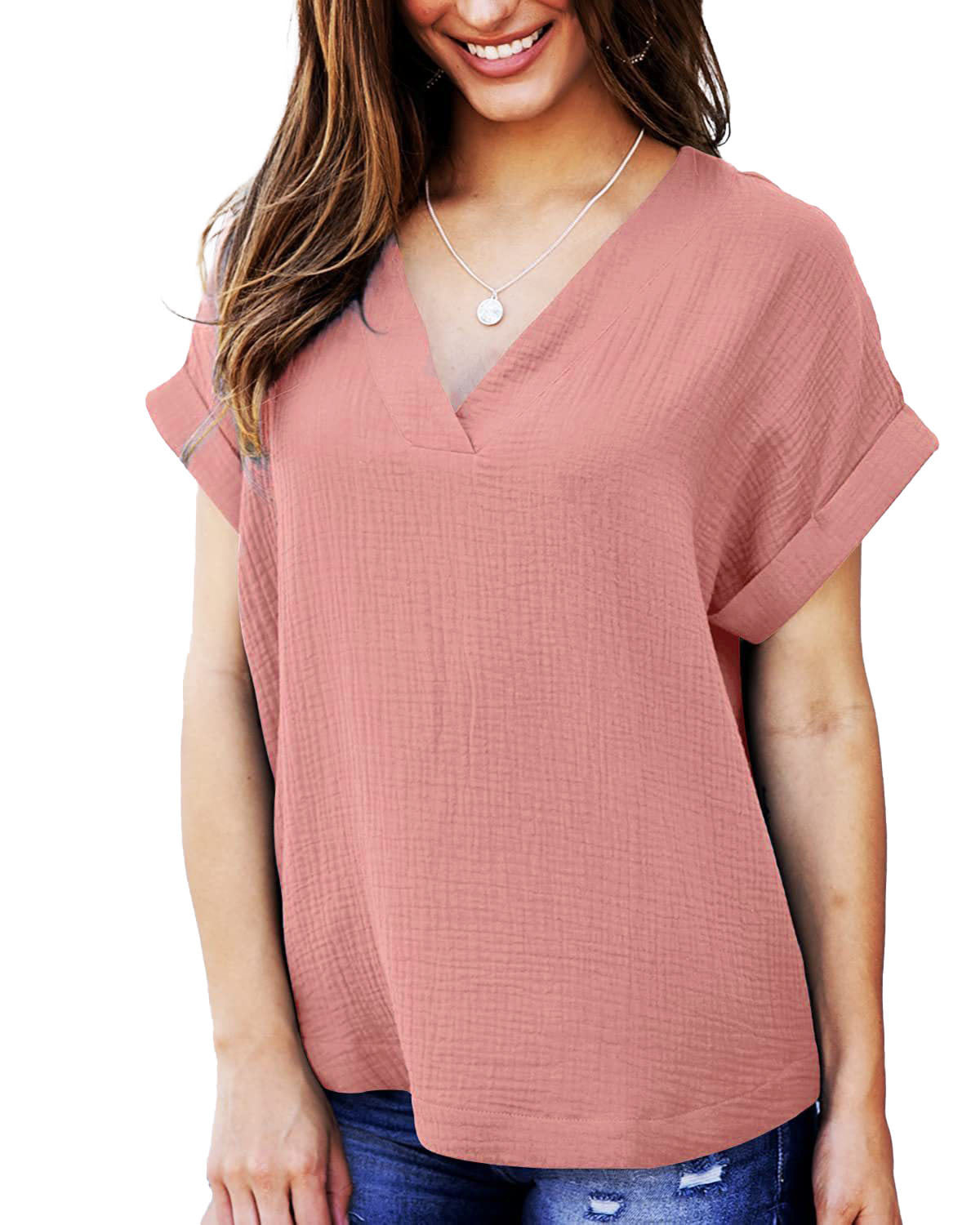 Short Sleeve V Neck Loose Shirt Solid Color Casual Top Women