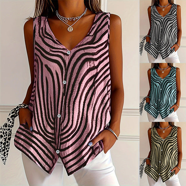 Woman wearing a zebra pattern tank top with additional images of similar designs.