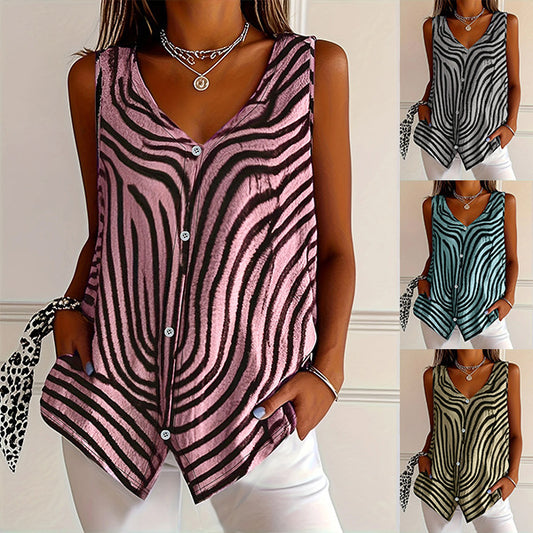 Woman wearing a zebra pattern tank top with additional images of similar designs.