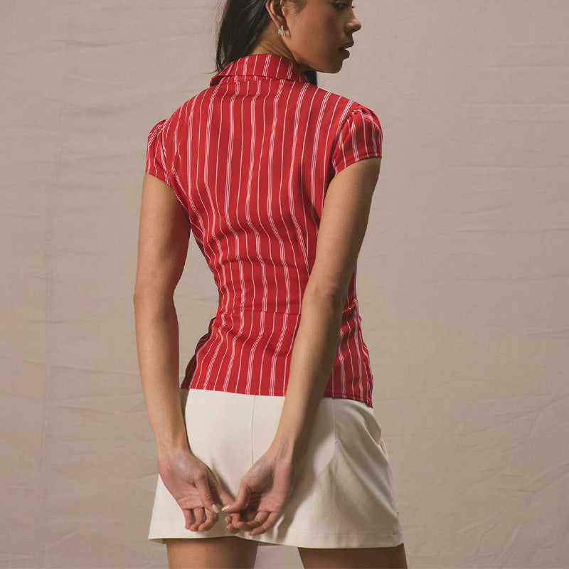 Elegant Slimming Shirt Striped Short-sleeved Cardigan For Women
